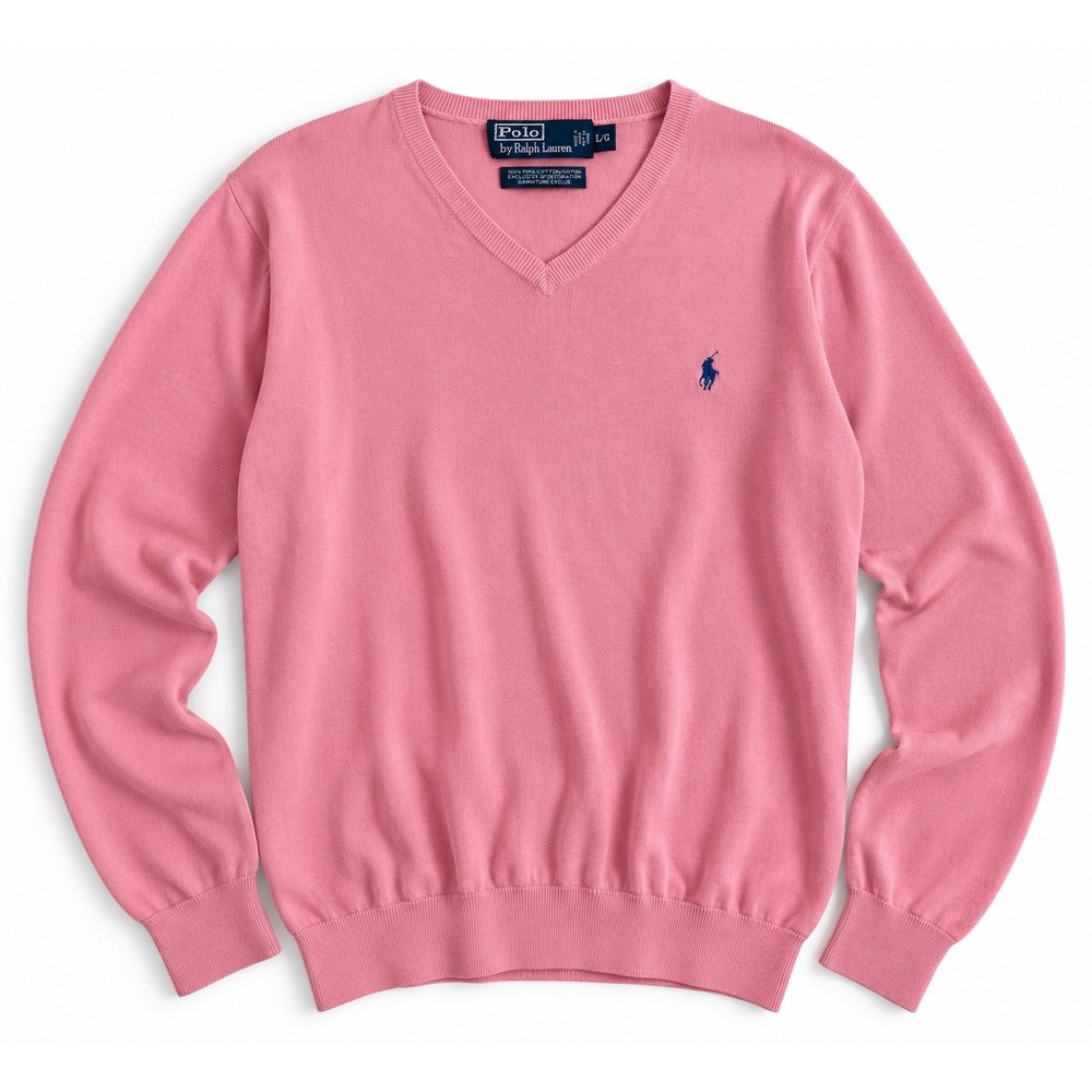 Polo Ralph Lauren Mens Pink Pima Cotton V-Neck Sweater Size Large Blue Pony